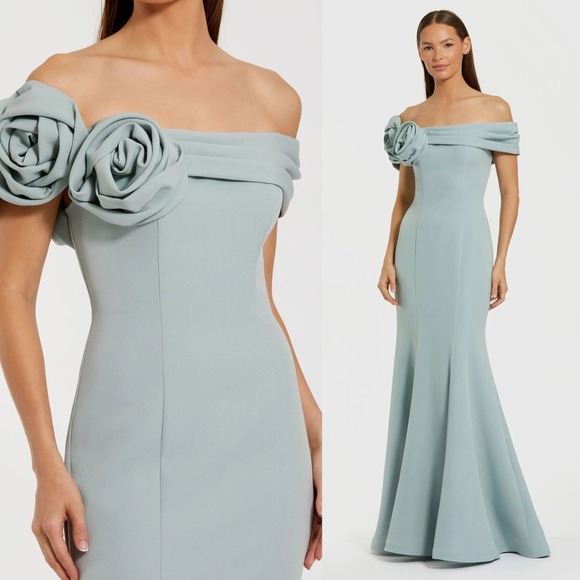 NEW Mac Duggal Ieena Blue Off The Shoulder Crepe Mermaid Gown $598 - Size 8 - Picture 1 of 11